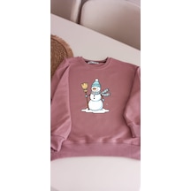 Kız Çocuklar İçin Kardan Adam Baskılı Pudra Rengi Sweatshirt Pudra