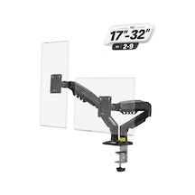 17-32 İnç Amortisörlü Çift Kollu Monitör Kolu Tam Hareketli Vesa Uyumlu Masa Kelepçeli Monitör Standı 2-9 Kg - Siyah