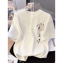 Sevimli Panda Grafikli İpli Cep Detaylı Kısa Kollu Oversize Unisex Bisiklet Yaka Tişört Beyaz