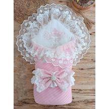 Tericotton Taç Nakışlı İncili Güpür Çift Fiyonk Papatya Güpür Trilüks Kundak Bebek Battaniyesi Pembe Pembe