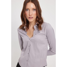 Tudors Kadın Slim Fit Dar Kesim Klasik Yaka Uzun Kollu Gri Gömlek-40354 Gri