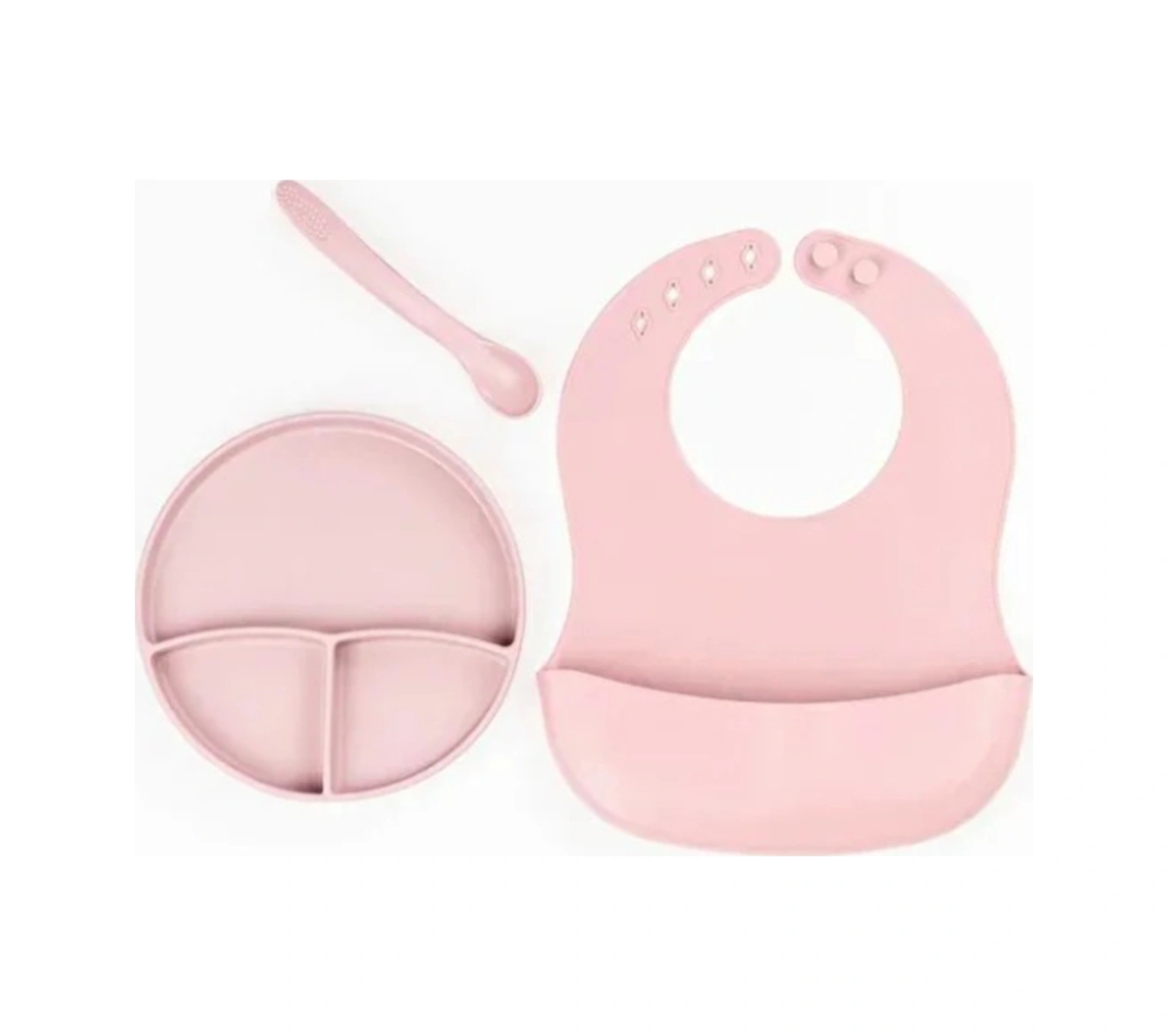 Pembe 3 Lü Silikon Yemek Seti Önlük + Diş Kaşıyıcılı Kaşık + Vakumlu Tabak Pembe