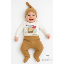 Babyden's Amcasının Aslanı Yazılı 3 Lü Bebek Takımı Uzun Kollu Çıtçıtlı Body,patikli Pantolon Şapka Set Unisex Açık Kahverengi