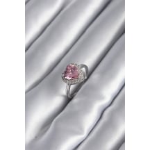 Pirinç Gümüş Renk Pembe Zirkon Taş Kalp Charm Model Kadın Yüzük Altın - Beyaz