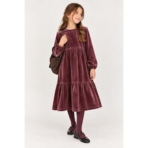 Moda Gül Kurusu - Kız Çocuk Modest Pamuk Kadife Midi Elbise Bordo Bordo