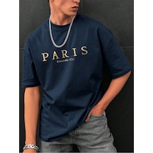 Paris Romantic City Baskılı Süprem Lacviert T-shirt - Oversize Bisiklet Yaka Tişört Lacivert-280494