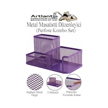 Masaüstü Metal Kalemlik Seti 3 Lü Kombo 1 Paket Fileli Perfore Renkli Kalemlik Kağıtlık Küpnotluk Düzenleyici Mor