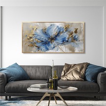 Yağlı Boya Dokulu Tablo Modern Mavi Tek Çiçek Altın Çerçeveli U02030-178884
