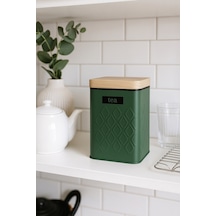 Ahşap Görünümlü Metal Kapaklı 1 Adet Gofreli Yeşil Çay Saklama Kutusu & Kavanoz 17 11 8 Cm Yeşil