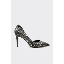 Derinet Taşlı Dekolteli Kadın Stiletto Siyah Siyah