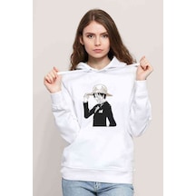 Anime One Piece Baskılı Beyaz Kadın Kapşonlu Sweatshirt (534769692)