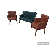 Garden House Yeşil Tarçın Haki Taba Kahve Renk Deri Ahşap Ayaklı Kollu Ofis Koltuk Takımı Bekleme Büro Taba Yeşil