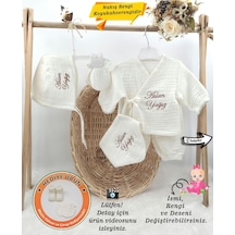 Gros Shop 4 Katlı Müslin 5'li Kimono Bağcıklı Tulum %100pamuk Hastane Çıkışı Kişiye Özgü İsimli Nakış Desenli Ekru
