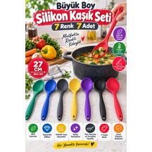 7'li Set Büyük Boy Silikon Kaşık 27 Cm Renkli Yanmaz Mutfak Yemek Pişirme Ve Servis Kaşığı Seti