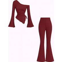 Wild Flower Bordo Fitilli Asimetrik Tek Omuz Spanyol Kol Bluz & Yüksek Bel Bol Paça Pantolon Takım Bordo