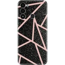 Tecno Spark 8C Kılıf Resimli Silikon Pembe Şeritli Mermer 1312 Siyah