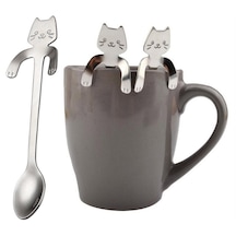 Gümüş Kedi Figürlü Uzun Saplı Paslanmaz Çelik Çorba Kaşığı