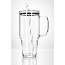 1200 Ml Borosilikat Cam Termos Cam Pipetli Kapaklı Kulplu Soğuk İçecek Bardağı Şeffaf
