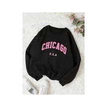 Medinenur Chicago Baskılı 2 İplik Şardonlu Bisiklet Yaka Swatshirt Siyah