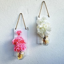 Led Işıklı, Pembe Ve Beyaz Bahardalı Çiçekli Duvar Dekoru Beyaz İkili Set Beyaz