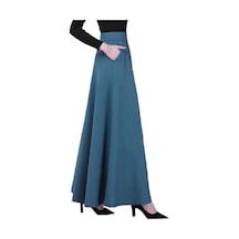 Kadın Maxi Etek Elastik Yüksek Bel Büyük Etek A Kesim Uzun Etek Cepli Düz Renk Ofis Mavi