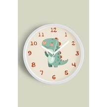 Sevimli Dinozor Çocuk Odası Duvar Saati - 35cm - Önü Camlı Beyaz Kasa - Sessiz Mekanizma Beyaz