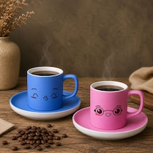 Bk Gift 2'li Mavi Ve Pembe Renkli Emoji Yüz Tasarımlı Seramik Türk Kahvesi Fincanı Takımı-7 Çok Renkli
