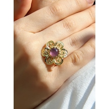 Esha Store Doğal Taş Ametist Doğal Taşlı Çiçek Model Telkari Kadın Ayarlanabilir Altın Kaplama Yüzük Euy59amtg Mor