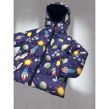 Spor Kız Çocuk Polarlı Kapüşonlu Ufo Desenli Kışlık Şişme Mont & Kaban & Parka-182 Karışık Renk