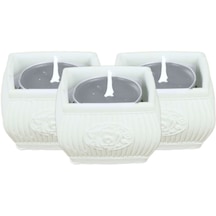 Şamdan Dekoratif Mumluk Eskitme Şamdan Set 3 Lü Üçlü Tealight Uyumlu Çizgili Çiçek Model - Beyaz