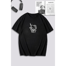 Unisex Kadın Erkek Hello Kitty Hug Me Baskılı Özel Tasarım Oversize T-shirt Siyah Mck0056 Siyah