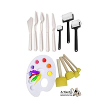 Palet Rulo Fırça Ponpon Fırça Ve Plastik Spatula 4'lü Set 1 Paket Resim Hobi Sanat Etkinlik Resim Paleti