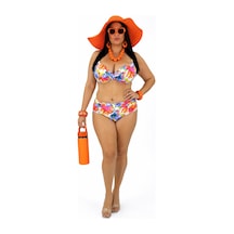 Büyük Beden Kaplı Telli Canlı Çiçek Desenli Orta Bağlantılı Tasarım Ayarlanabilir Askılı Kadın Bikini Takım Çok Renkli