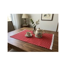 Puantiyeli Dantelli Kırmızı Masa Örtüsü Runner 85x50 Cm - Mutfak Ve Salon Dekoru