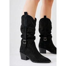 Hrşytrend Herşeytrend Meria Siyah Süet Lazer Kesim Kovboy Topuklu Çizme Siyah