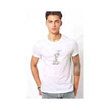 Sevimli Zürafa Baskılı Beyaz Erkek Tshirt