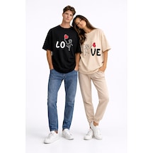 Sevgili Kombini Love Baskılı Çift Tişört Oversize Unisex Partner Siyah-bej