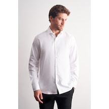 İmza Beyaz Yarım İtalyan Yaka Kendinden Desenli Uzun Kol Premium Slim Fit %100 Pamuk Gömlek 1004255193 Beyaz