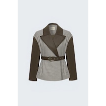 Sateen Kazayağı Desenli Deri Garnili Ceket - Kahve-138085