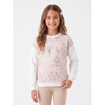 Onloox Kız Çocuk Pembe Kız Çocuk Pembe Pamuklu Bisiklet Yaka Uzun Kollu Pullu Kelebek İşlemeli Sweatshirt 8-12 Yaş