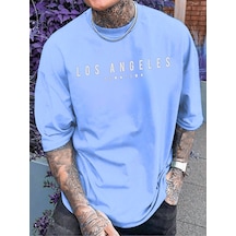 Los Angeles Downtown Süprem T-shirt - Bebe Mavi Baskılı Oversize Bisiklet Yaka Kısa Kol Tişört Bebe Mavi