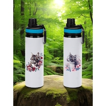Çiçekli Kedi Baskılı 2'li Mavi Kapaklı Matara 850 Ml Beyaz