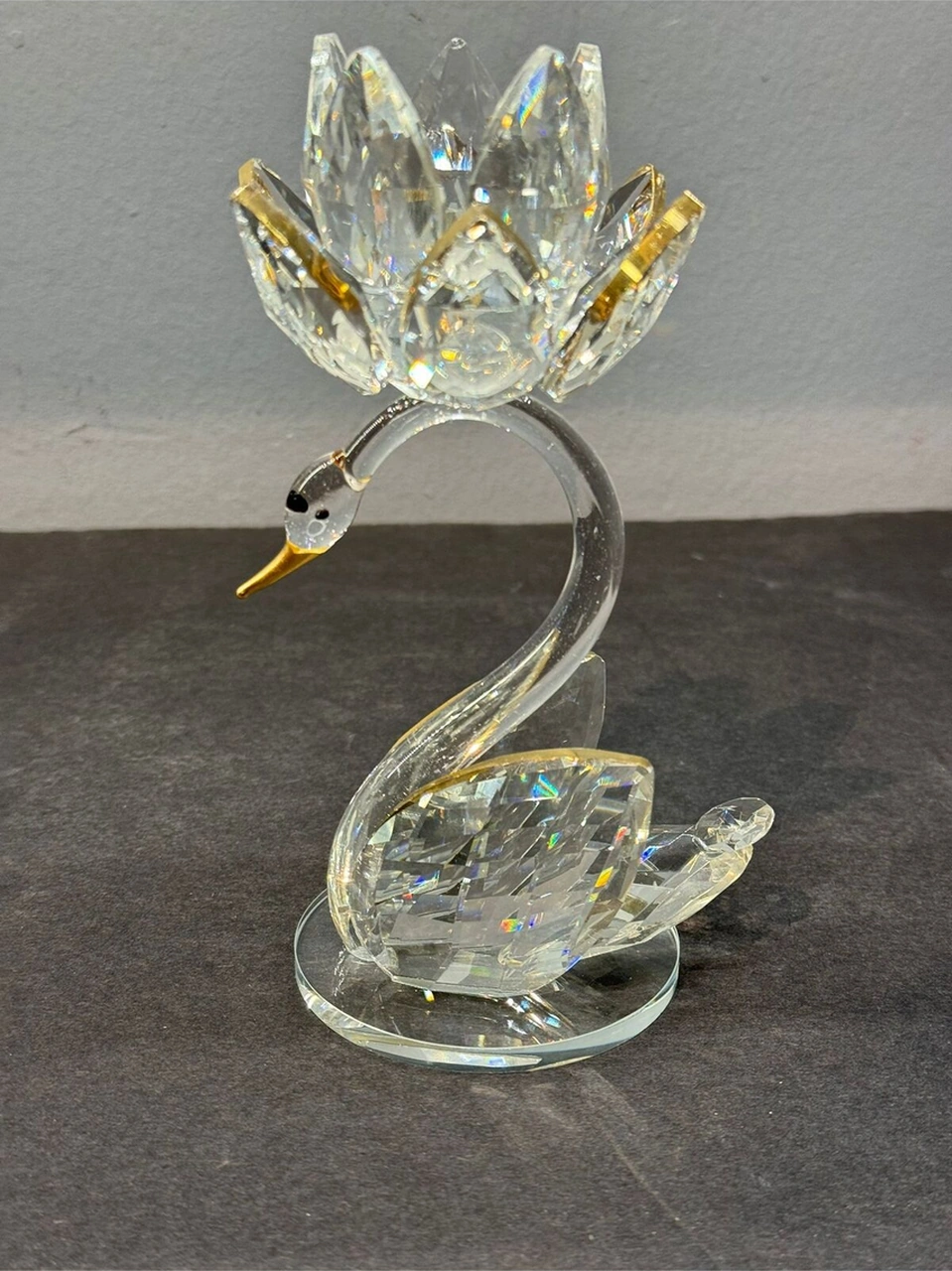 Dekoratif Kristal Cam Tekli Lotus Kuğulu Şamdan Gold