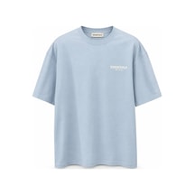 Genel Markalar Unisex Yarım Oversize Bisiklet Yaka Pamuklu Baskılı Tişört Mavi