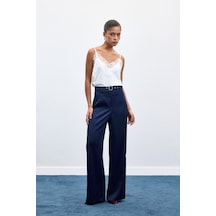 Sateen Kemer Detaylı Saten Pantolon - Lacivert-136950 Lacivert