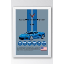 Corvette C8 Araba Tablosu - Teknik Özellikli Otomobil Poster - Çerçeveli Duvar Dekoru Beyaz