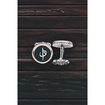 Gümüş Yeşil Akik Taşlı Elif Vav Temalı Yuvarlak Kol Düğmesi -5755 Gümüş