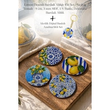 Limon Desenli Bardak Altlığı 4 Lü Set Sicilya 9 Cm Mdf Beyaz