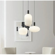 Rsylight Rustik Dekoratif Metal Modern Yuvarlak Siyah Beyaz Opal Camlı 3 Lü Avize Siyah