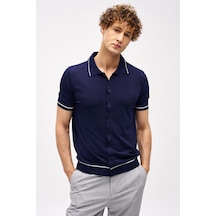İgs Lacivert Slim Fit Dar Kalıp Düğmeli Polo Yaka Desenli Kısa Kollu Triko Tişört-16313